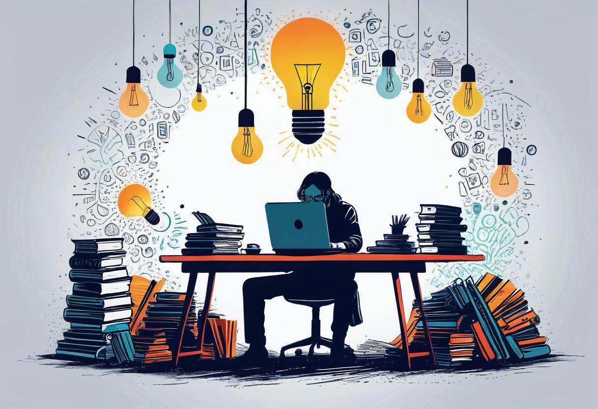 A stylized illustration of a writer at a desk, surrounded by floating words and phrases forming a lightbulb above their head, symbolizing ideas transforming into clear, concise writing. The atmosphere is vibrant and inspiring, with elements of a cozy workspace, books, and a laptop in view. Background features a blend of soft colors to evoke creativity. vector art. vibrant colors. white background.