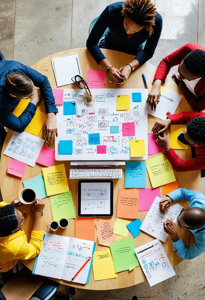 An eye-catching workspace with a digital notepad displaying concise bullet points and vibrant icons representing clarity and creativity. Include a diverse group of people brainstorming around a table, with sticky notes and colorful markers scattered. A soft, focused light illuminating the scene highlights the energy and collaboration in the process of creating impactful short content. minimalistic design. bright colors. soft focus.