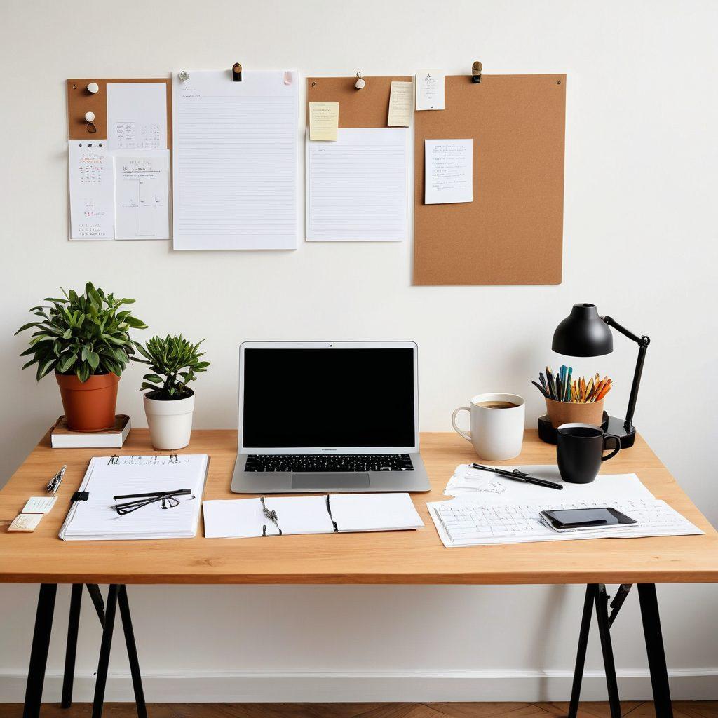 A minimalist workspace showing a writer at a desk surrounded by tools of short-form content creation, such as a keyboard, notepad, and a cup of coffee. The background features a bulletin board with concise notes and ideas pinned up, reflecting clarity and focus. Soft, natural light floods the scene, enhancing the feeling of productivity and creativity. modern illustration. vibrant colors. white background.